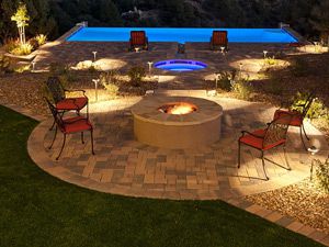 Belgard firepit overhead evening